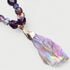 Aura Quartz Crystal Pendant Necklace Czech Glass Purple Beads 17" Rainbow